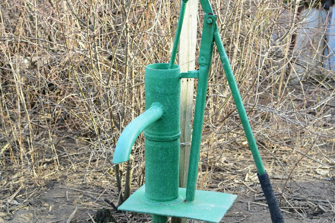 Bomba manual verde de poço em terreno de mato seco, referência visual para o preço de poço artesiano no Rio de Janeiro